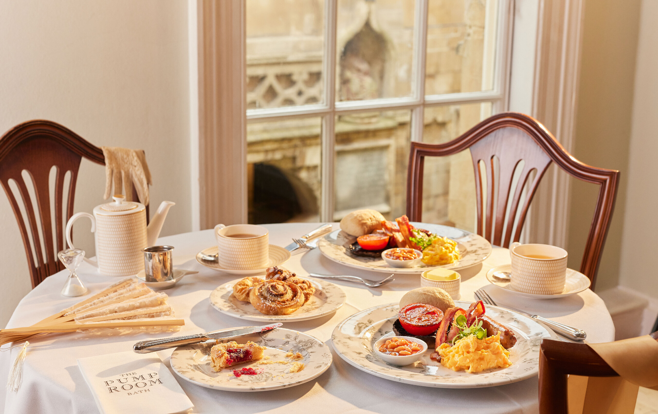 A full English breakfast served in the Pump Room, with Danish pastries, warm bread and tea